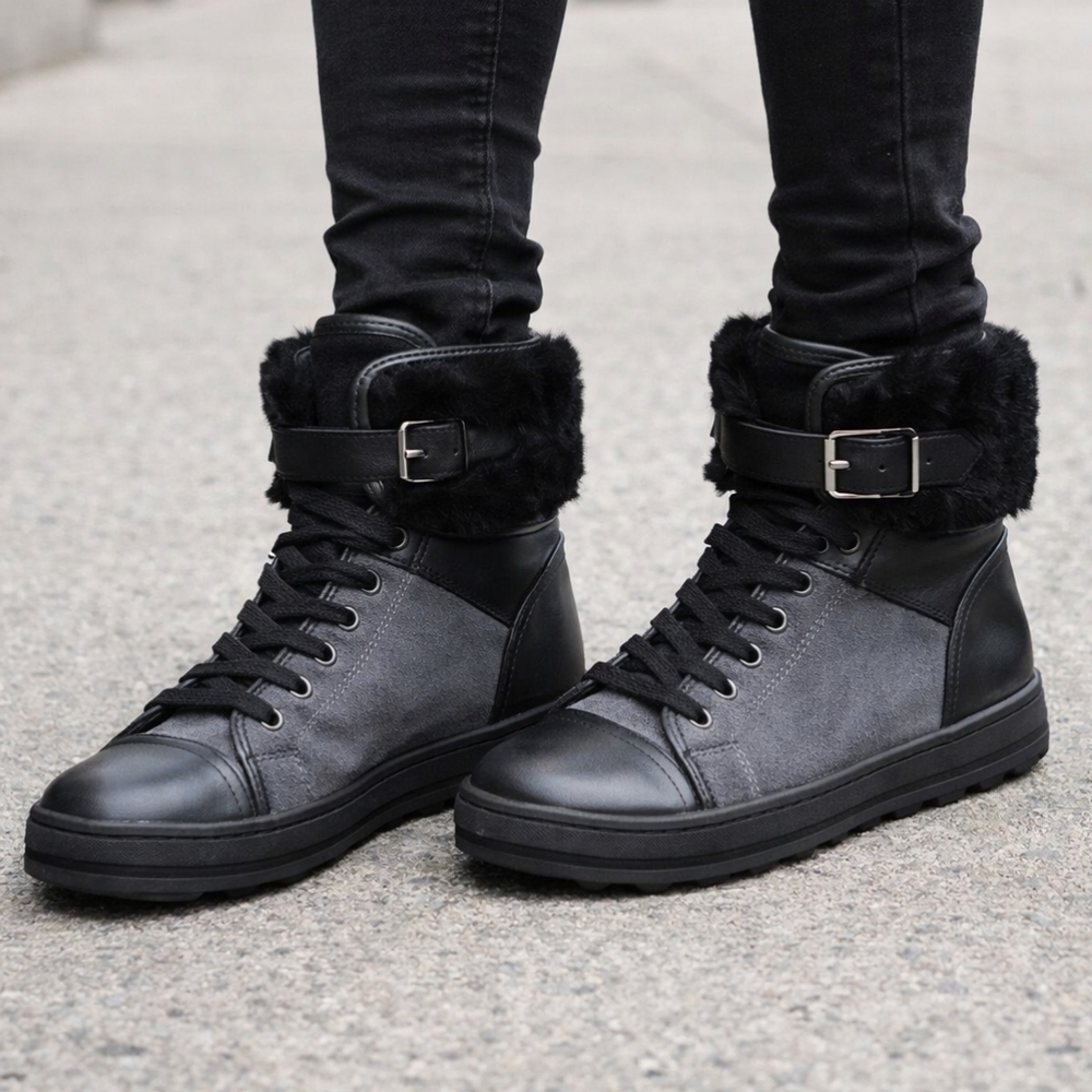 Aldo Black and Grey Suede Fur Ankle Sneaker Boots Size 9